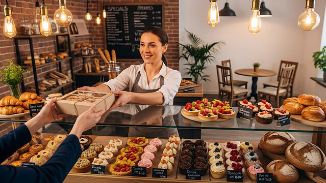 A smiling bakery staff hands a box of assorted pastries to a customer inside a cozy artisan bakery filled with colorful cupcakes, tarts, and fresh bread.