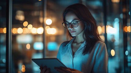 Focused businesswoman uses tablet at night with city lights bokeh for modern digital engagement