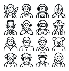Collection of diverse cartoon character outlines in various costumes
