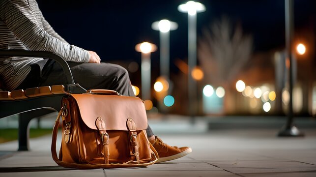 Leather Satchel on Bench at Night Urban Scene with Street Lights and Relaxing Figure in Striped Shirt