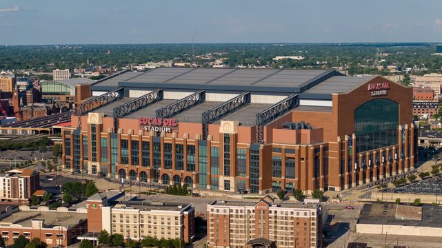 Close Drone Shot of Lucas Oil Stadium in Indianapolis