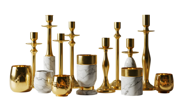 Golden candle holders, marble accents gleam against black, perfect for luxury branding, product showcase, elegant posters.