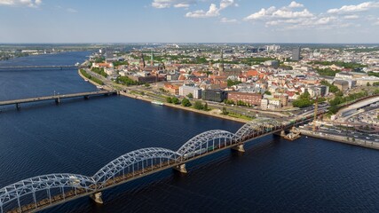 Aerial View of Daugava River and Riga Bridges