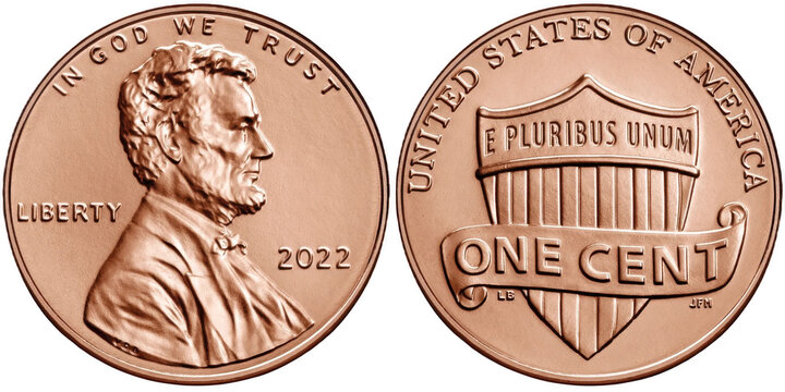 A United States one cent coin featuring Abraham Lincoln and the Union Shield on a transparent background.