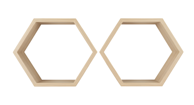 Beige hexagon shelf has wood grain texture. Interior design, product staging.