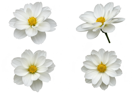 Photo of four delicate white cosmos flowers with yellow centers are displayed isolated on transparent background
