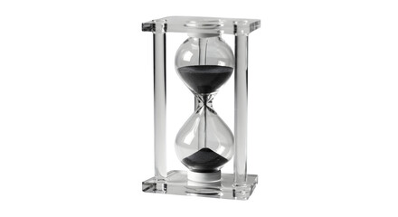 Time runs in a modern, clear glass hourglass with black sand on a black background. For concepts about deadlines, time management, productivity.