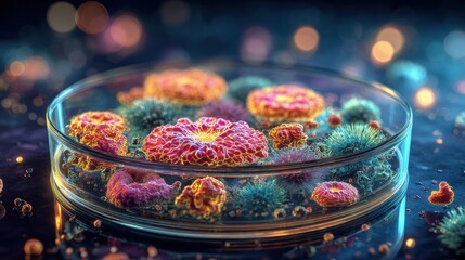 Colorful Glowing Bacteria In Petri Dish