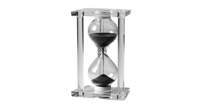 Time runs in a modern, clear glass hourglass with black sand on a black background. For concepts about deadlines, time management, productivity.