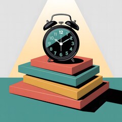 Classic black alarm clock on a stack of colorful books, representing time management, education, and early morning routines. Generative AI