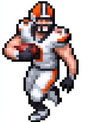 Obraz premium A pixelated football player is running with a ball in hand, wearing a white and orange uniform.