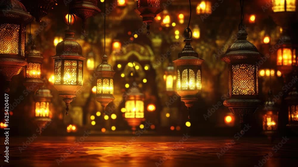 Poster a room with many lanterns hanging from the ceiling. the lanterns are lit up and are of different siz