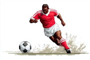 Obraz premium A soccer player wearing a vibrant red uniform is seen sprinting with determination while dribbling a black and white ball on sandy terrain. The action conveys energy and enthusiasm for the game.