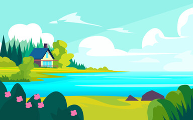 Scenic lakeside house surrounded by trees and flowers with calm water and blue sky in flat vector illustration

