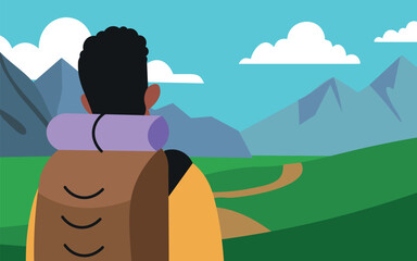 A backpacker hiking in a landscape with mountains and a field on a sunny day. Natural eco tourism