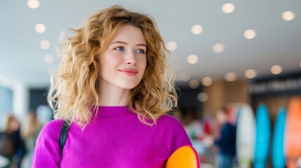 Smiling woman holding surfboard choosing surf equipment in surf shop