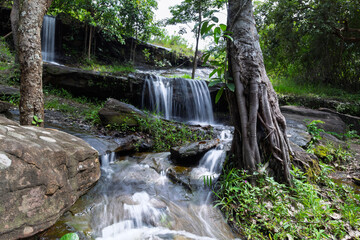 A peaceful view of Than Nam Sai waterfall, a small clear stream in Phu Pha Yon National Park, Thailand. Surrounded by green trees, perfect for nature, travel, and landscape concepts.