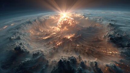 Explosion on Earth lighting up surrounding clouds, space view 