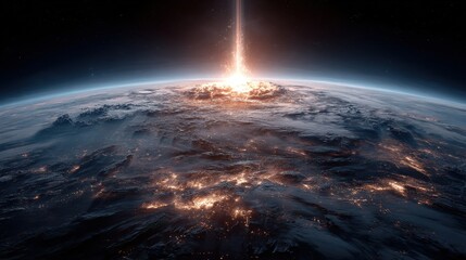 Explosion on Earth lighting up surrounding clouds, space view 