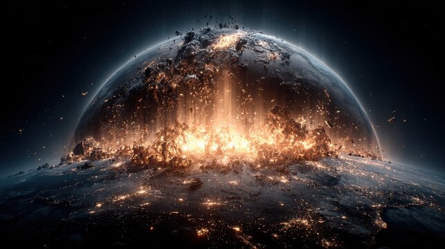 Earth with massive explosion visible on dark side