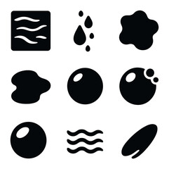 Wet Texture Icons. Solid, filled icons set of wet surface textures: water sheet, drop trail, splash blur,