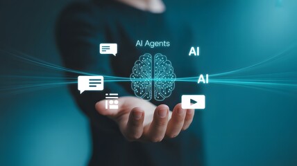 AI Agent Showcase: A person's hand cradles a digital representation of AI agents, showcasing the technological integration and interconnectedness of artificial intelligence with graphic overlay.