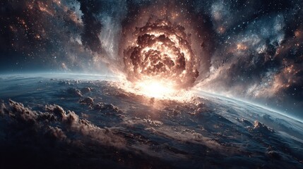 Earth with glowing explosion, cosmic horizon and stars 