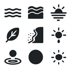 Beach Relaxation Icons. Solid, filled icons set of relaxing beach overlays: calm water, ripple sand, light