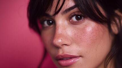 Fototapeta premium Young latin woman showing natural skin texture with freckles on pink background