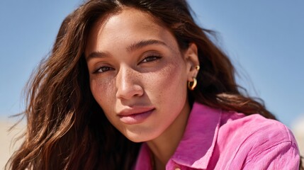 Fototapeta premium Portrait of fashion model with freckles showing natural beauty under blue sky