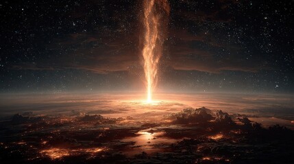 Fireball eruption on Earth surface, starry background