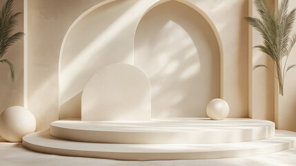 Elegant neutral display podium with soft light and shadow, ideal for product showcasing and minimalist aesthetics