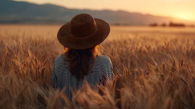 A smiling young woman in a hat walks through a sun-drenched wheat field on a summer day