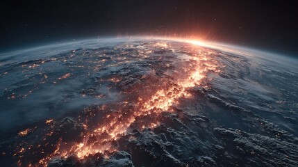 Intense explosion lighting up Earth's dark side, space view 