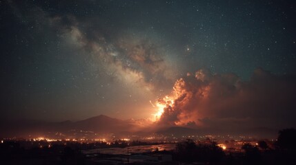 Nighttime explosion visible on Earth, stars and galaxy in background 