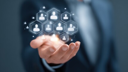 Businessman Holding Digital Human Resources Network Team Connection and Recruitment Concept