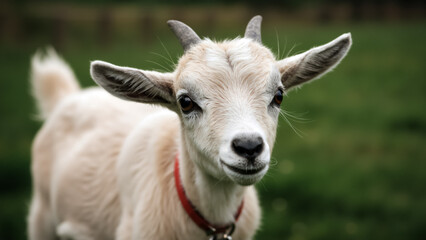 Portrait of a cute young goat with a red collar. A friendly baby goat kid looking at the camera in a green field on a farm.