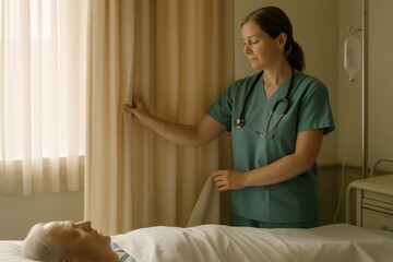 Nurse closing curtains to dim the light in hospital room with elderly patient sleeping peacefully in bed