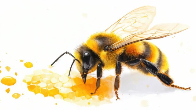 A yellow and black bee is eating honey. It is on a white background. The bee has black legs and a black head