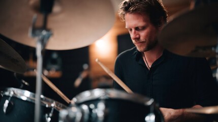 Naklejka premium Drummer playing drums in recording studio with focus and precision