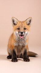 Fototapeta premium Vertical portrait of a happy red fox cub on a beige background. Cute baby fox with an open mouth looking at the camera.