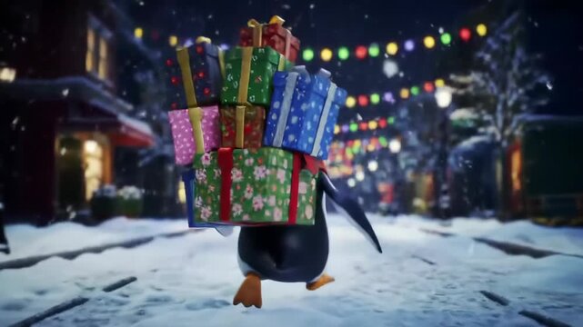 Animated penguin joyfully carrying colorful stacked gifts on a snowy street during festive night. concept of winter celebration, gift-giving, christmas animation, holiday fun.