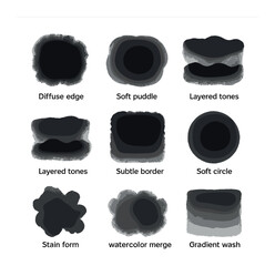 Watercolor Icon Set. Solid, filled icons set of wet-on-wet effects: diffuse edge, soft puddle, bleed wave,