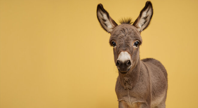 Close-up portrait of a cute baby donkey. Young farm animal on a yellow background with copy space.