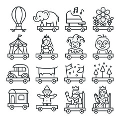 Black and white carnival train with circus icons and characters