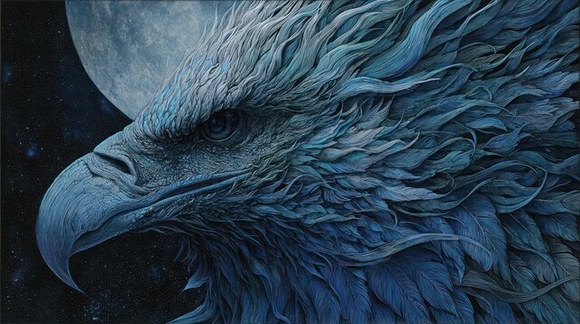 Highly detailed blue eagle head with feather textures against a moonlit starry night