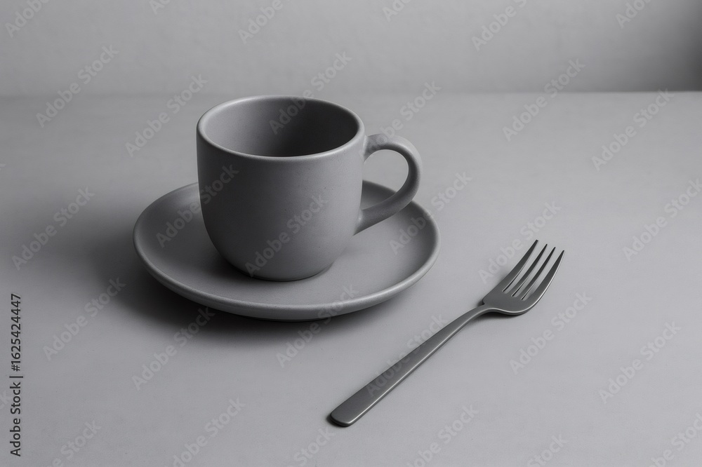 Aufkleber empty coffee cup with saucer and fork, resting on a gray surface, creating a minimalist and monochro