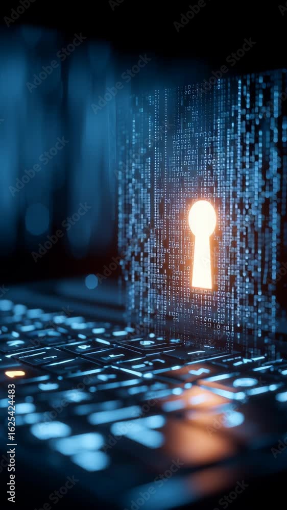 Poster computer with a glowing key hole for cyber security
