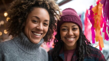 Two smiling women decorating shop for festival with colorful streamers