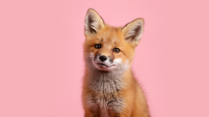 Obraz premium Close-up portrait of a cute young red fox cub on a pink background. Adorable baby fox with a curious expression. Studio shot.